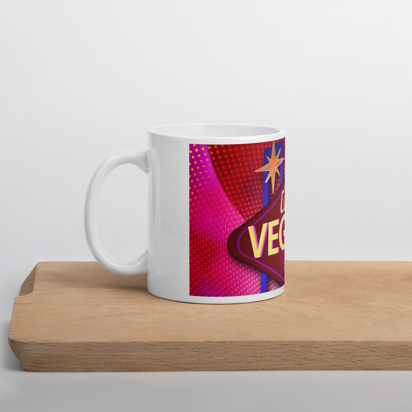 Lights Camera Vegas White glossy mug with background