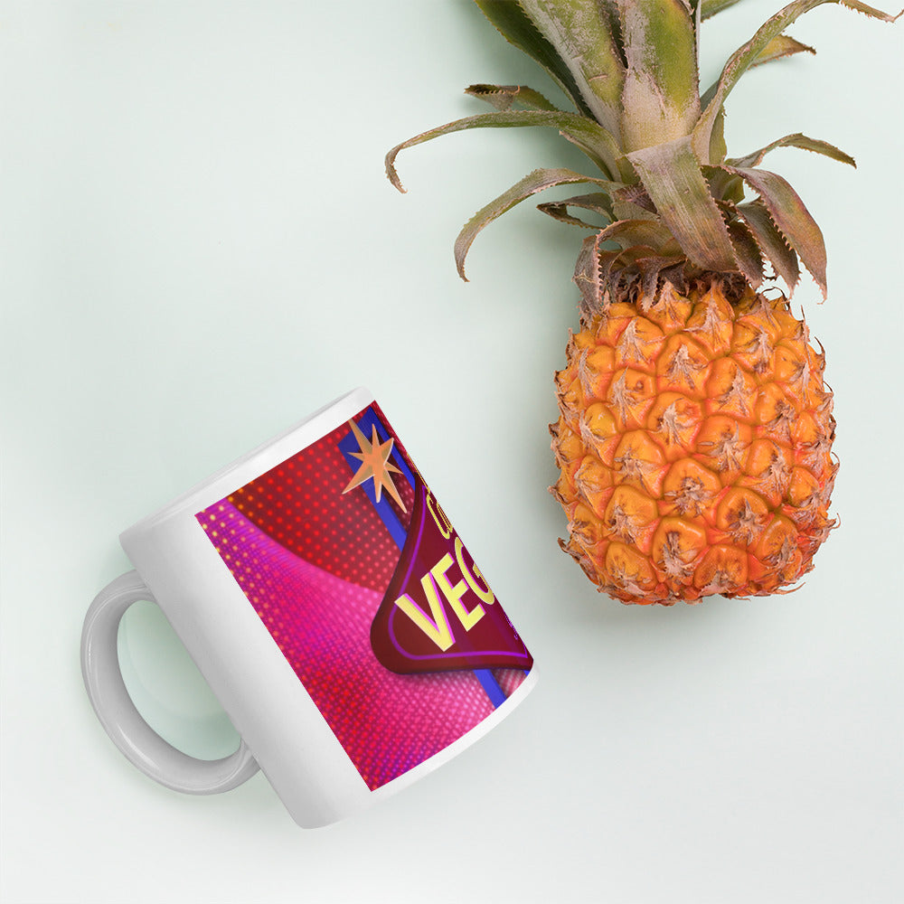 Lights Camera Vegas White glossy mug with background