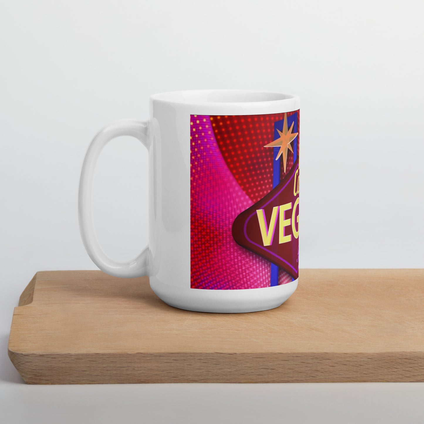 Lights Camera Vegas White glossy mug with background