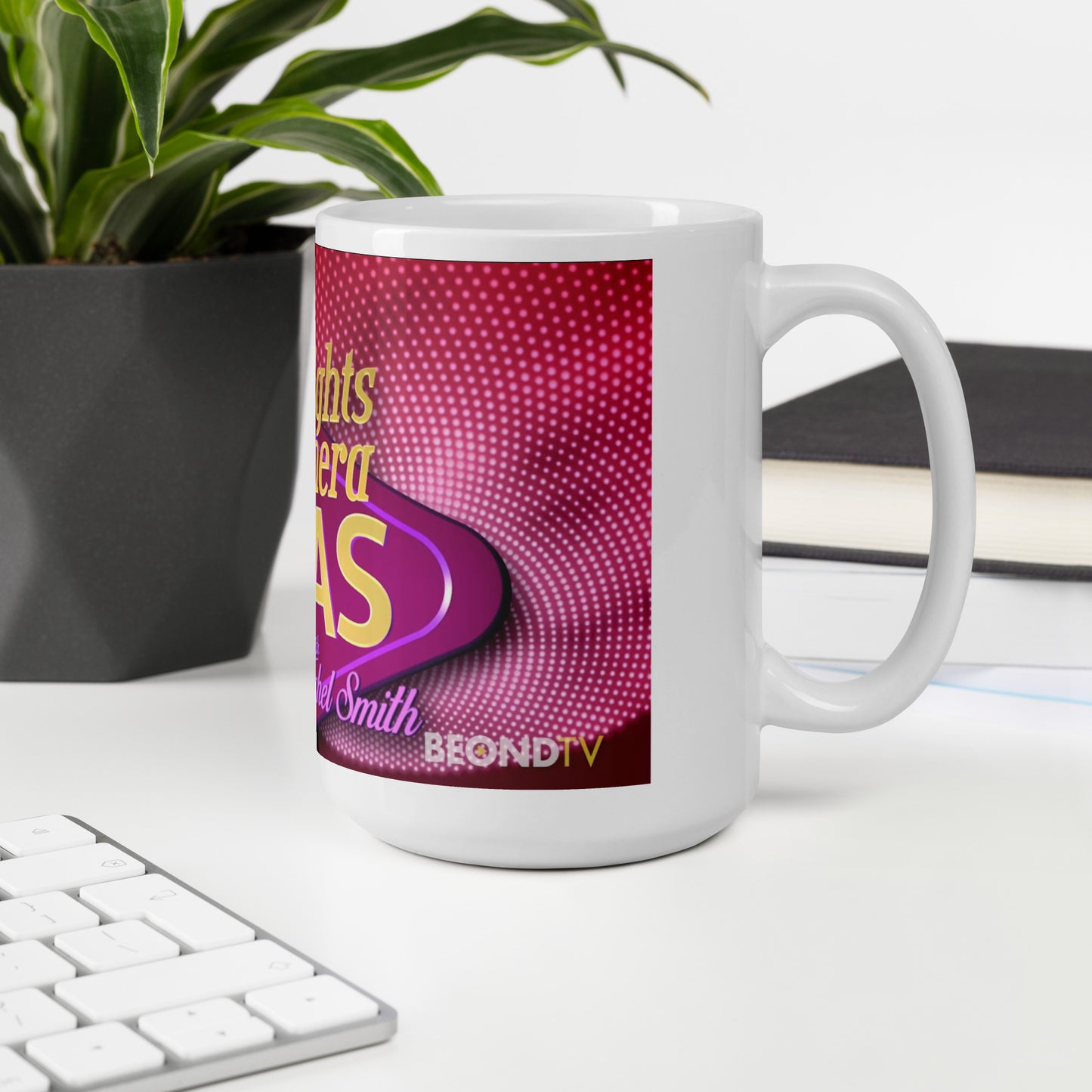 Lights Camera Vegas White glossy mug with background